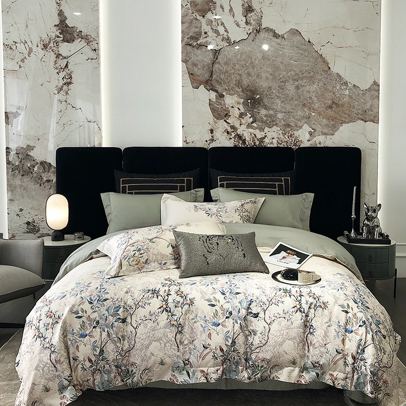

American Vintage Pastoral Print Luxury 4Pcs Bedding Set 1000TC Egyptian Cotton Duvet Cover Set Flat/Fitted Bed Sheet Pillowcases