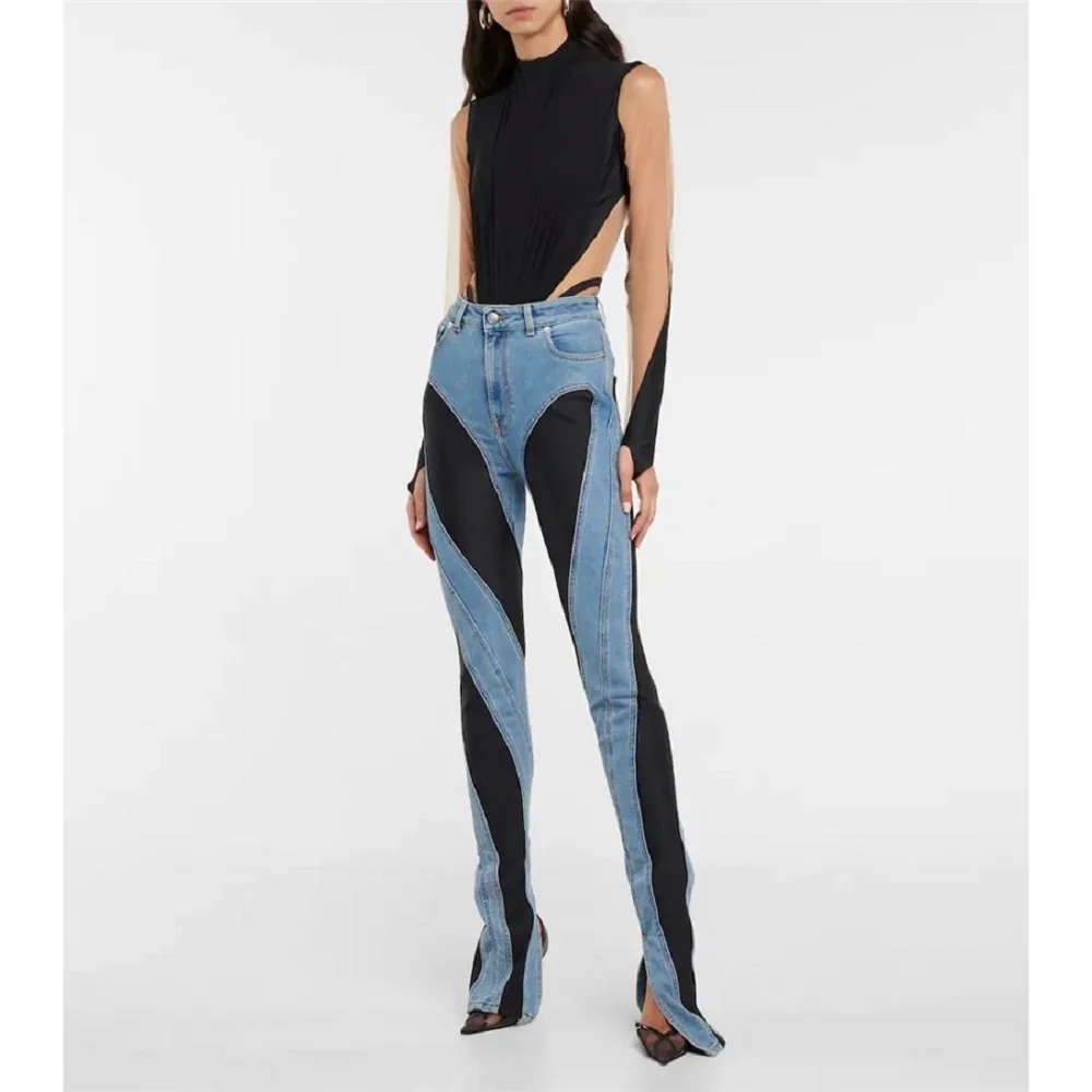 

traf 2023 woman y2k jeans cotton stitching sewing high waist women's trousers new fashion high quality casual blue jeans bra