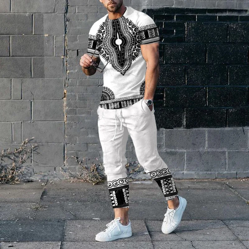 Men Suits 3D Print African totem Sportwear Suit Short Sleeve TShirt Long Pants Man 2 Piece Sets Men Tracksuit Oversized Clothes
