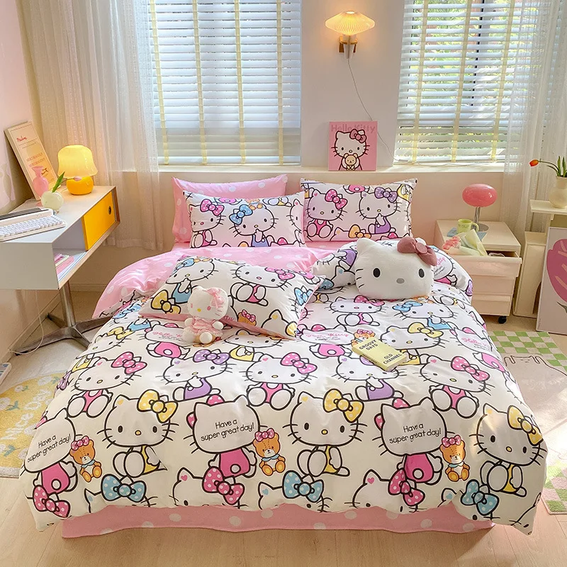 Sanrio Hello Kitty Bedding Set Cute Cotton Four Piece Double Queen Size Pillowcase Bed Linens Girl Dorm Bedclothes Home Textile images - 6