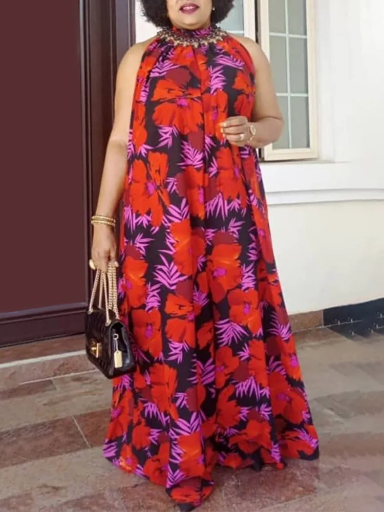 

VONDA 2022 Y2K Femme Party Robe Women Sleeveless Off Shoulder Holiday Pleated Maxi Vestido Casual Floral Printed Evening Dress