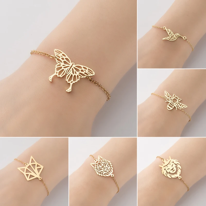 Shuangshuo, браслеты из нержавеющей стали, полые браслеты-бабочки оригами для женщин, регулируемые ювелирные изделия в виде животных, свадебный подарок Shuangshuo, браслеты из нержавеющей стали, полые браслеты-бабочки оригами для женщин, регулируемые ювелирные изделия в виде животных, свадебный подарок