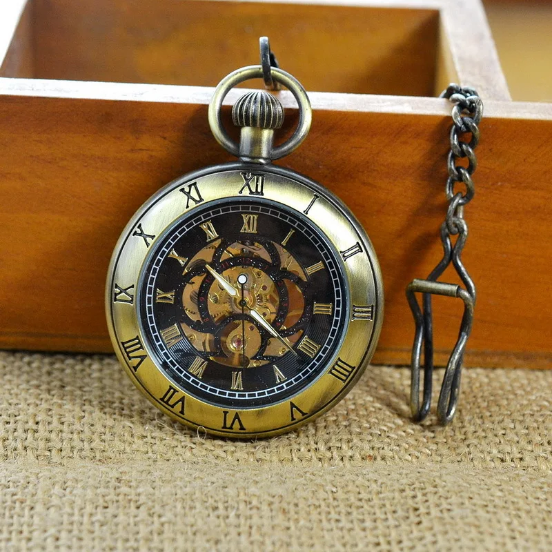 Luxury Mechanical Bronze Carving Pocket Watch for Men Women Steampunk Flower Engraved Case Roman Numeral Fob Chain Pendant Clock