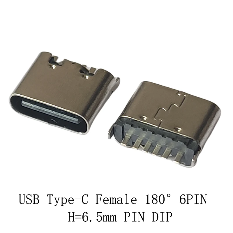 

10 шт./партия, гнездовой разъем USB 3,1 типа C, 180 градусов, 6-контактный разъем DIP, высота = 6,5 мм для зарядки телефона, ноутбука, ноутбука