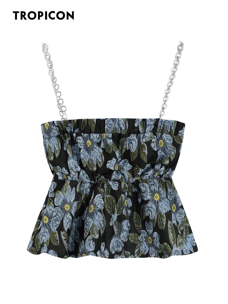 

TROPICON Jacquard Floral Peplum Top Women 2022 Summer Outfits Ruffle Backless Cami Top Designer Spaghetti Strap Top Clothing