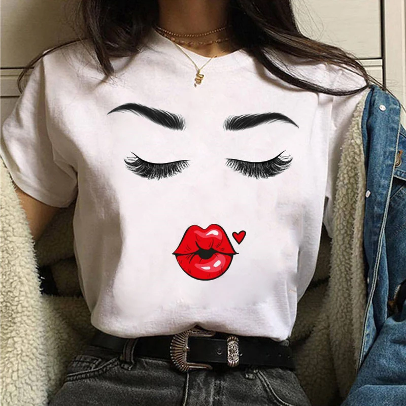 

Fashion Personality Eyebrows Mouth Graphic Print T-shirt Women Sexy Summer Short Sleeved Top Harajuku Streetwear 29728