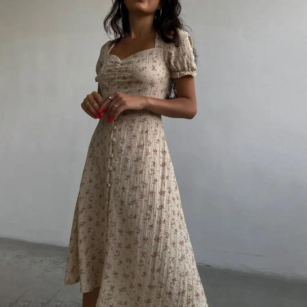 

Casual Ladies Dress Buttons Elegant Party Dress Sweet Slim-fitting Midi Dress