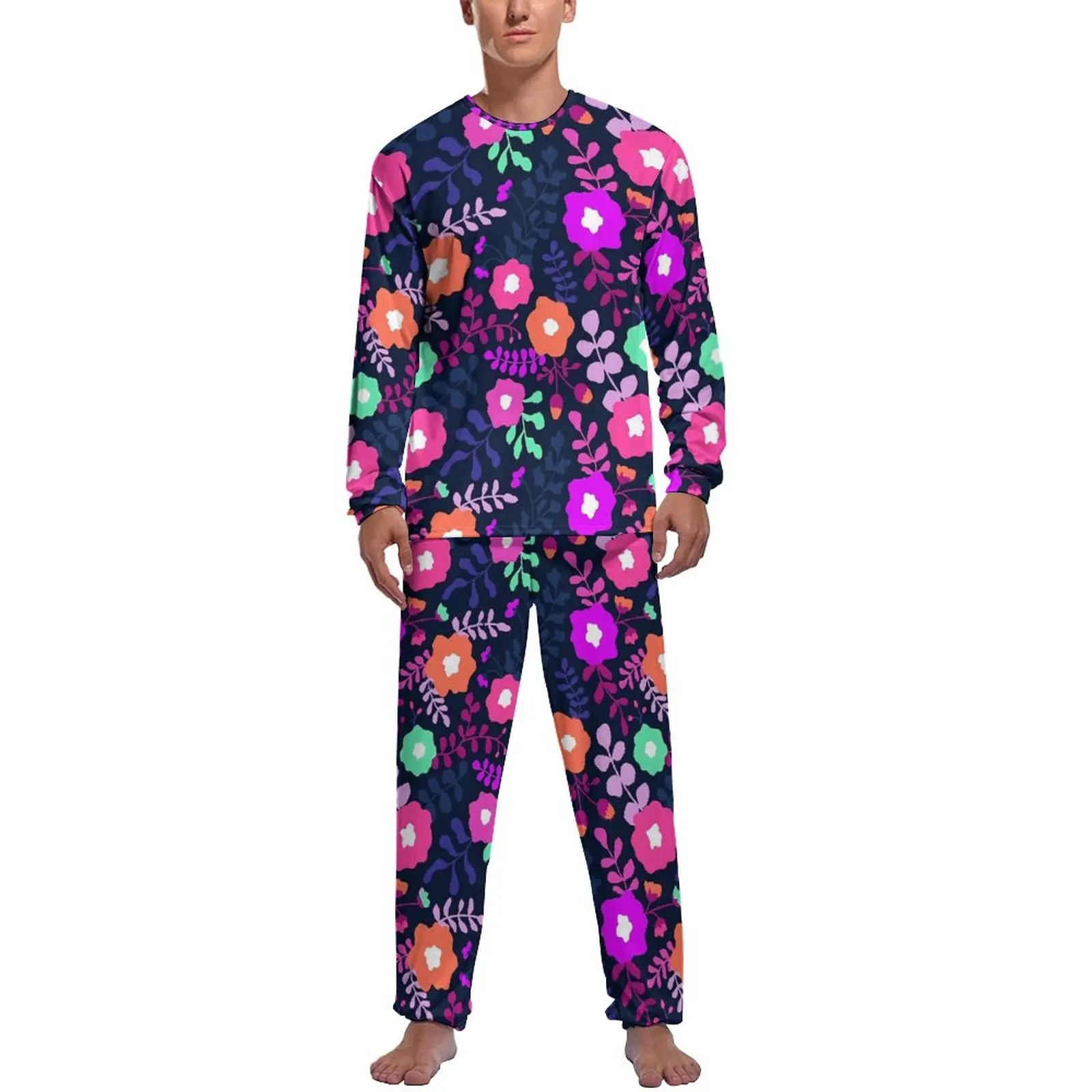 

Purple Ditsy Floral Pajamas Long Sleeves Flowers Print 2 Pieces Bedroom Pajama Sets Autumn Men Printed Cool Nightwear