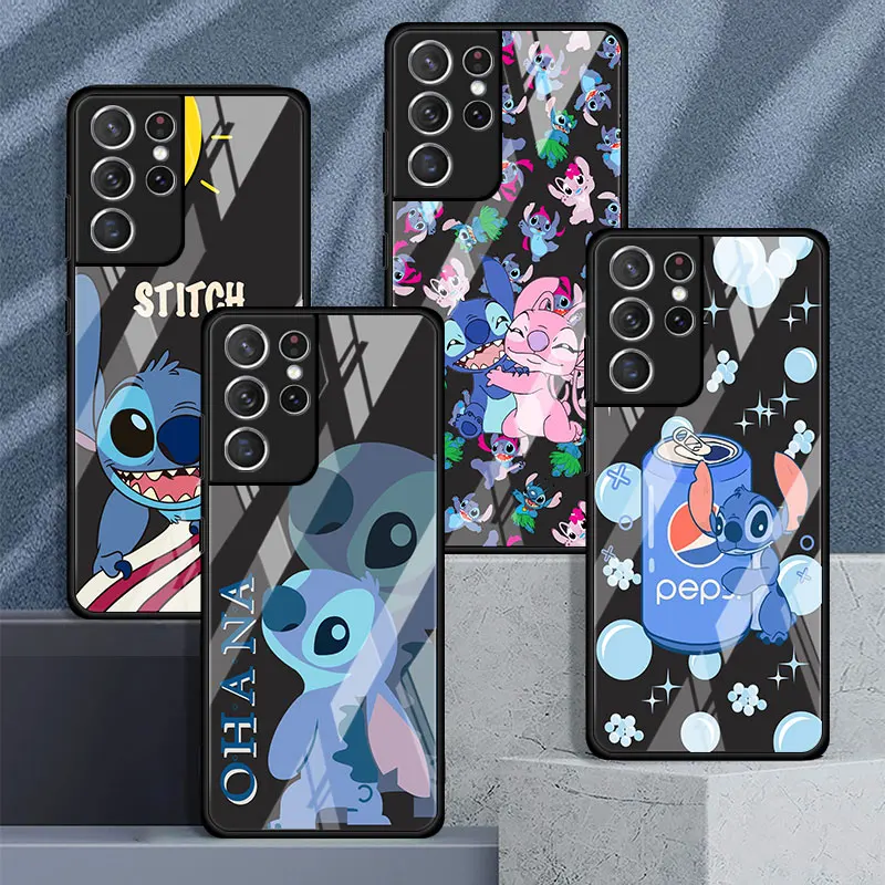 

Glass Case For Samsung Galaxy S22 S21 S20 S10 S9 S8 Plus S10e S22 Ultra S20 FE Note 20 10 Funda Cover Cartoon Cute Alien Stitch