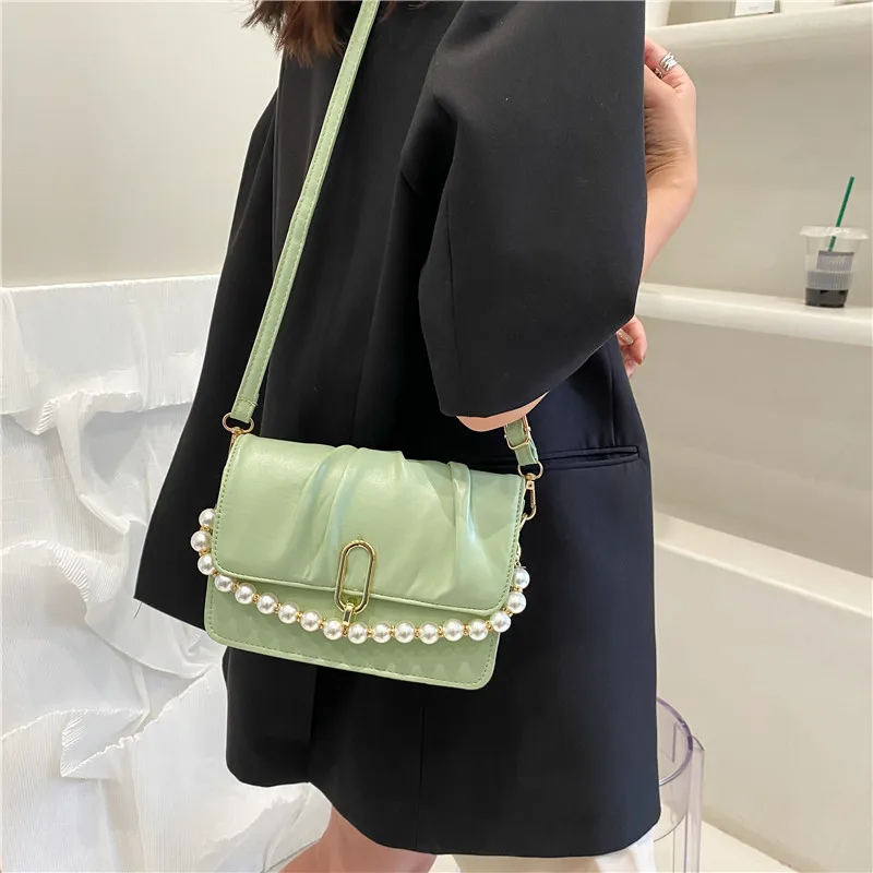 Fashion Luggage &Bags Women's Handbags Crossbody Summer Foreign Style Pleated Pearl Saddle PU Bag Casual  Ladies Bolsos