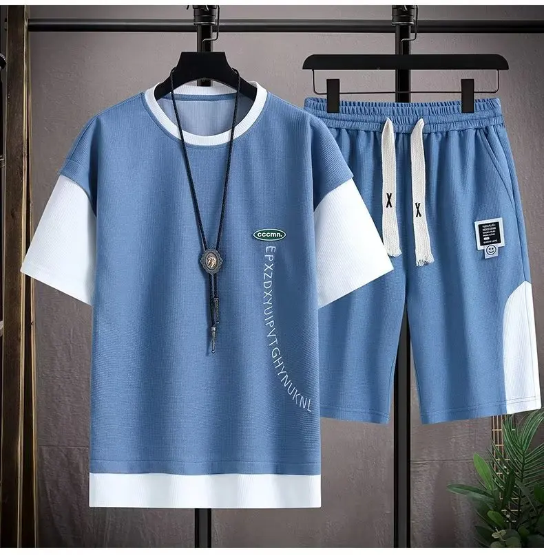 2 Pieces Set Men Tracksuit 2023 New Casual Men Set Sportswear Patchwork T-shirt+Shorts Suit Summer Joggers Sets Plus Size Sets