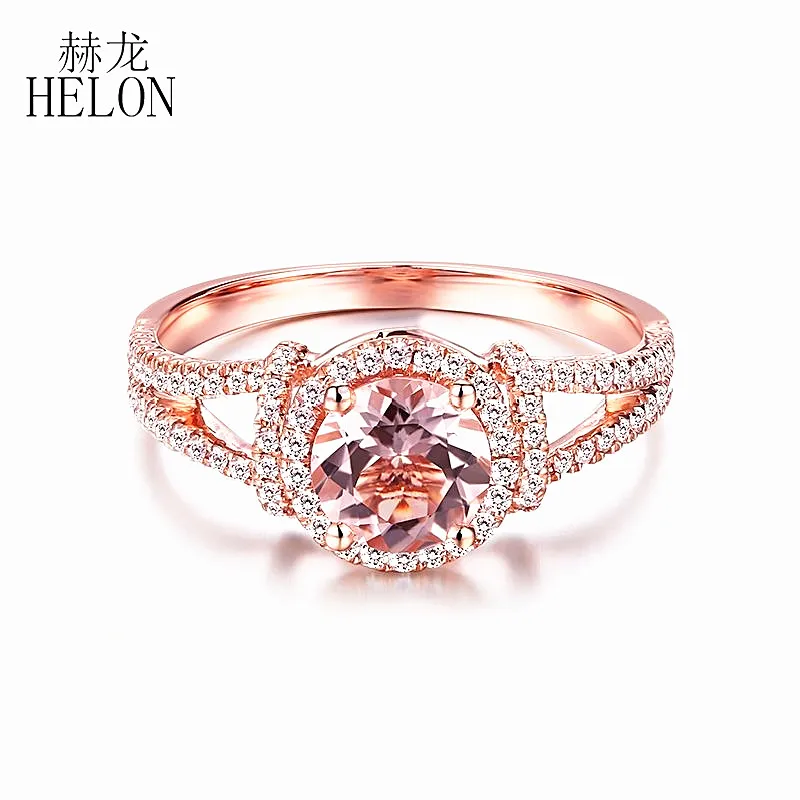 

HELON однотонное 18K 10K розовое золото безупречная круглая огранка 6 мм натуральный морганит бриллианты обручальное кольцо для женщин ювелирные изделия бриллианты кольцо
