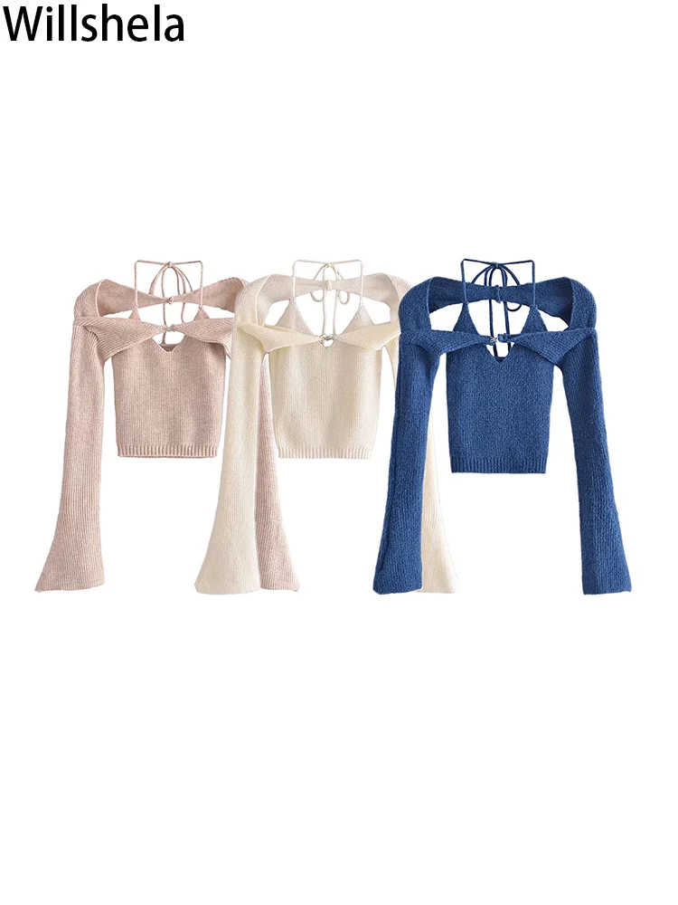 

Willshela Women Fashion Solid Lace Up Hollow Out Knitted Sweater Vintage Halter Neck Long Sleeves Female Chic Lady Tops