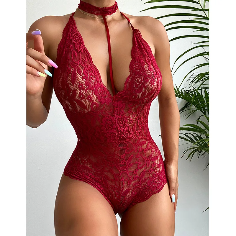 

2021 Ladies Black White Grey Sexy Lingerie Sexy Halter Sling One-piece Temptation Lace Hollow Perspective Nightdress Pajamas