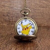 alloy bronze anime pokemon student fashion cute pikachu flip pocket watch quartz movement necklace pendant clock birthday gift