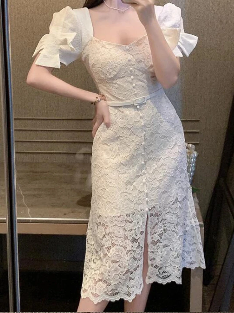 

High Qulity Luxury Design Runway Summer Dresses Women Short Sleeve V-Neck Bowknot Lace Dresses Vestidos