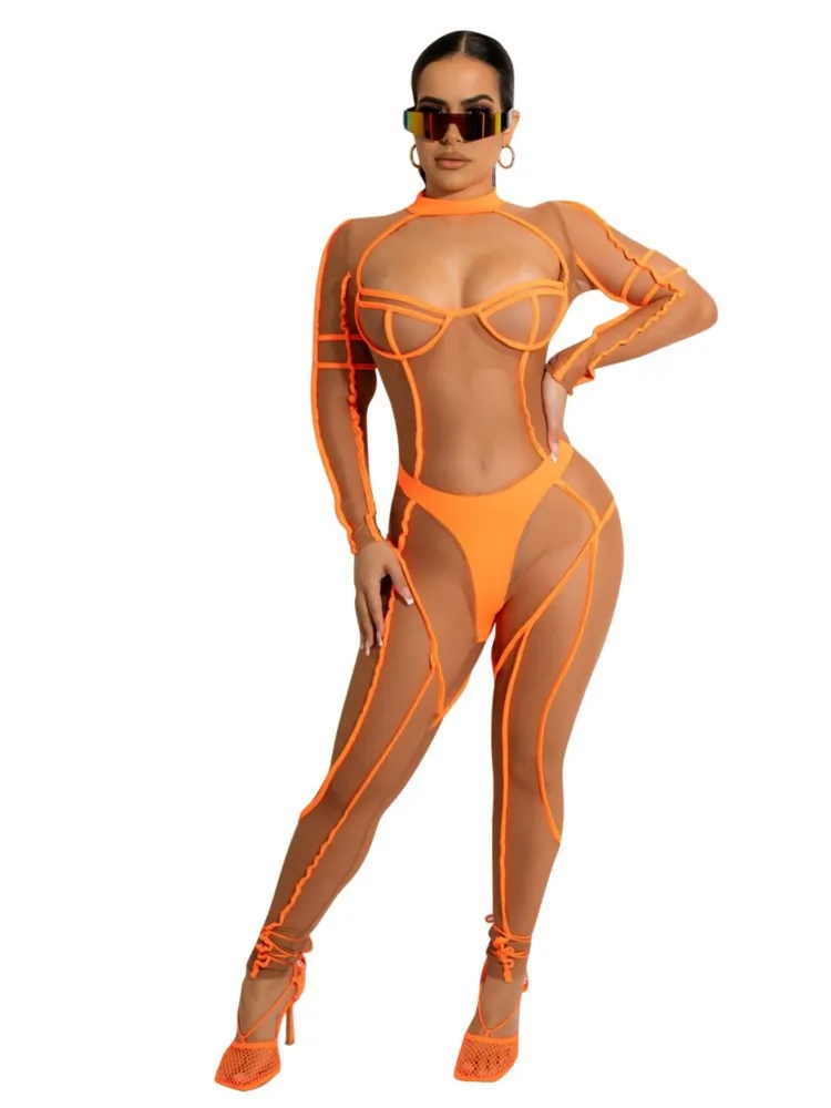 

Skinny Jumpsuit Women Fashion Patchwork O Neck Rompers Bodysuit 2022 Summer New Sexy Clubwear Mesh See Through Jumpsuit Playsuit