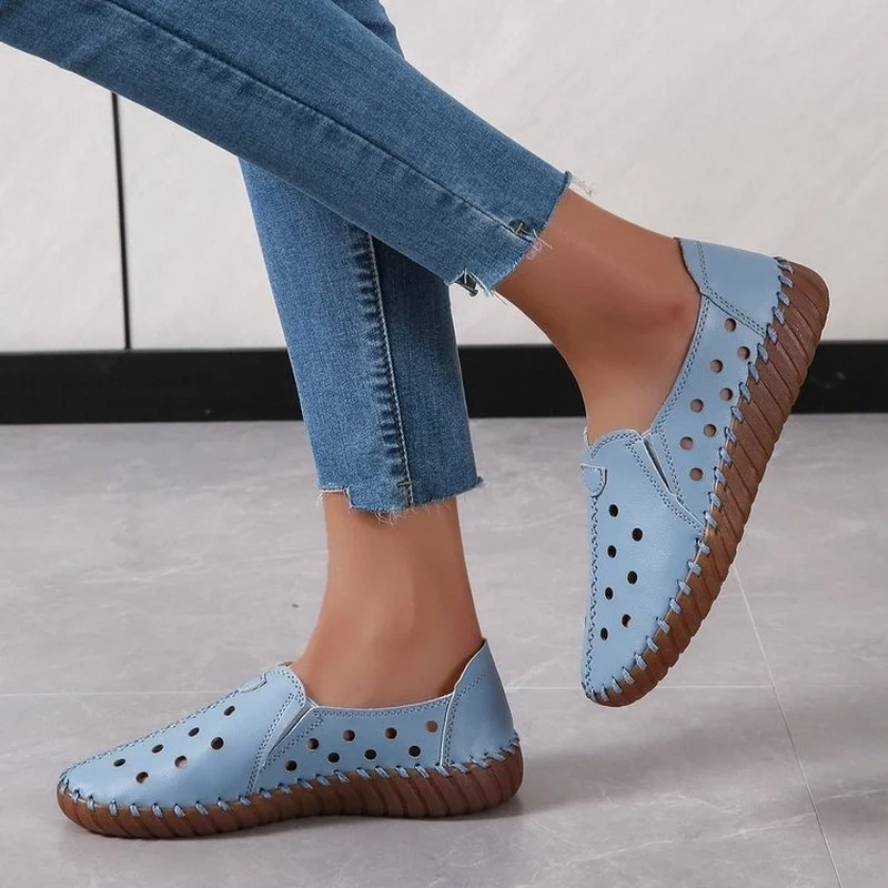 White Black Hollowed Moccasins for Women Genuine Leather Flats Breathable Loafers Shoes Women's Soft Casual Flat Shoes