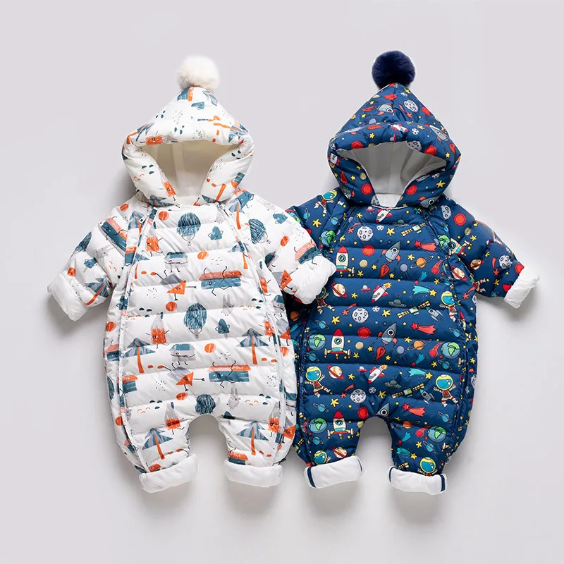 One-Pieces Newborn Down Rompers Winter Baby Boy Girl Thicken Warm Jumpsuit Lined Fleece Toddler Crawl Clothes Infant Outfit