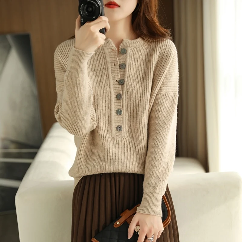 

Autumn And Winter Thickened Half-Open Collar Long-Sleeved Knitted Sweater Women's Round Neck Sweater Loose Fashion Warm Pullover