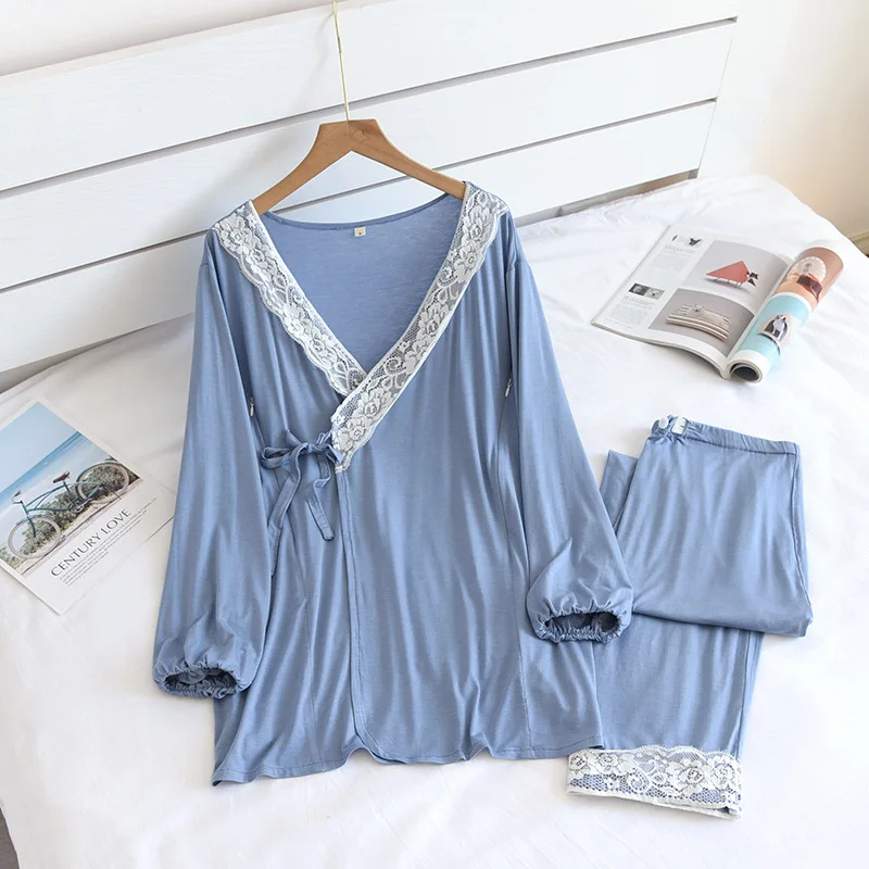 Modal Kimono Nursing Clothes Set Lace V Neck Zipper Spring Summer Thin Long Sleeve Trouser Breast-feeding Pregnant Woman Pajamas