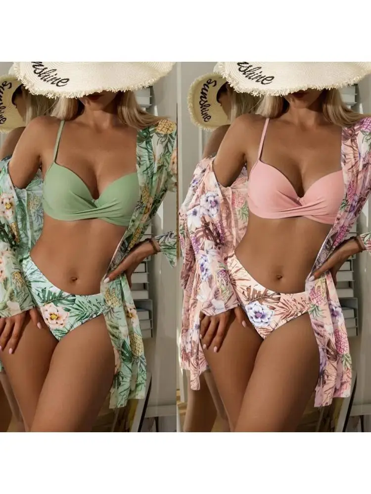 

Flower Twisted Low Waist Bikini Set Women's Long Sleeve Three Piece Swimwear 2023 Beach Swimwear Printed Skirt Bikini Goddess Sw