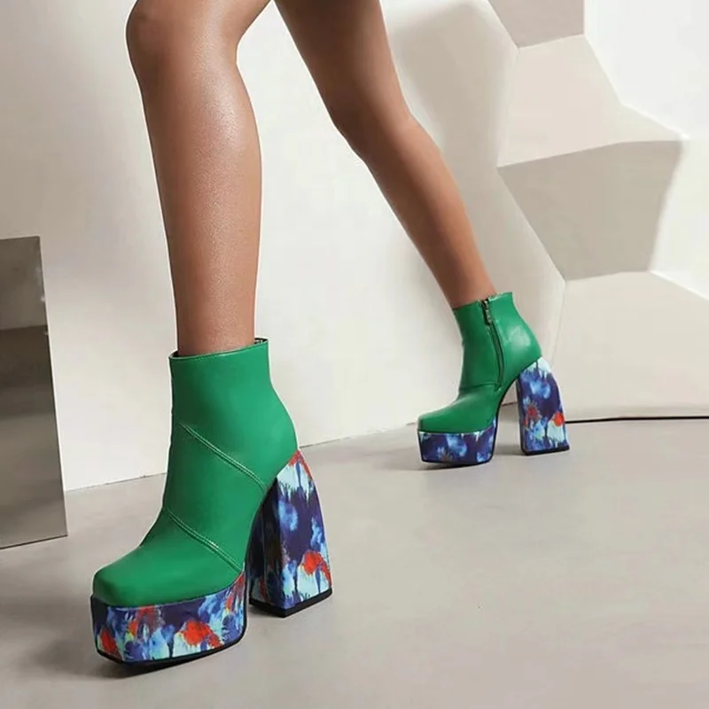 Tie-dye Print Thick Platform Fashion Boots Women Shoes Square Toe Chunky High Heel Boots Side Zip Ankle Size 43