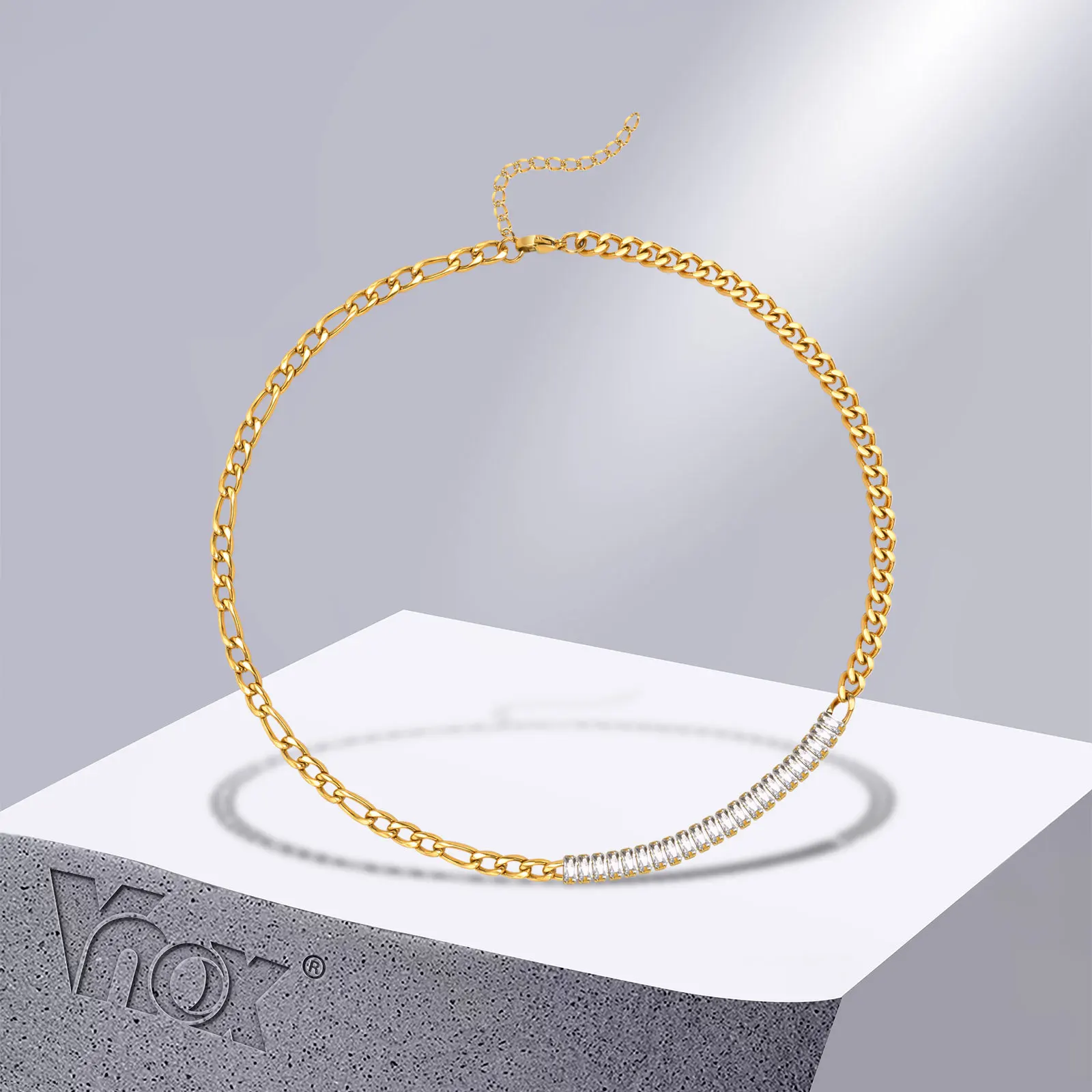 

Vnox Exquisite Cubic Zirconia Necklaces for Women, Gold Color Stainless Steel Splicing Figaro Curb Links Chain Choker Collar