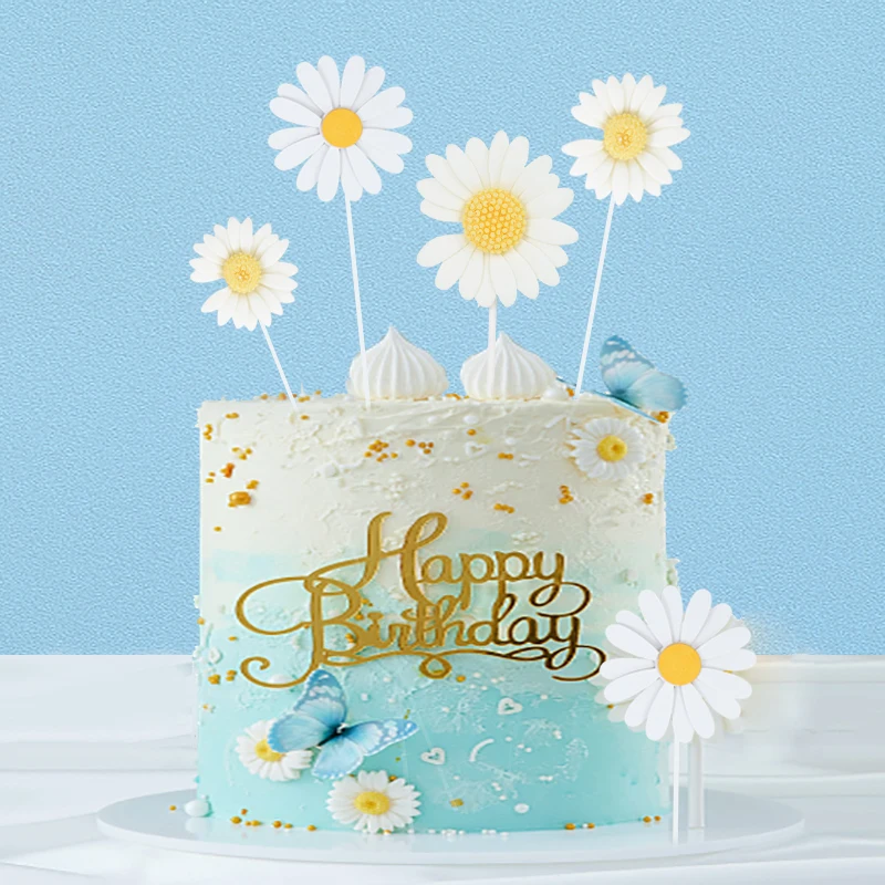 

5pcs/Pack INS Daisy Cake Topper WhiteYellow 3D Daisy Flower Cake Decor Wedding Happy Birthday Party Supplies Baking Accessories