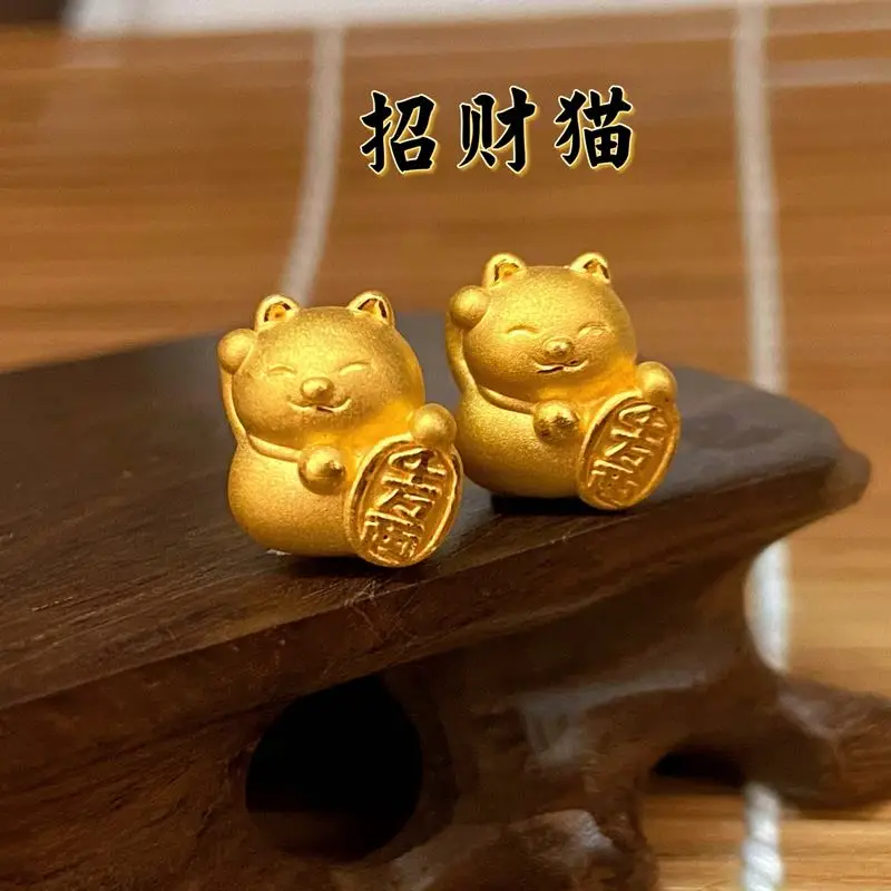 1PCS Pure 24K Yellow Gold Pendant 3D Lucky Cat Bead 0.8-1.2g Women Gift