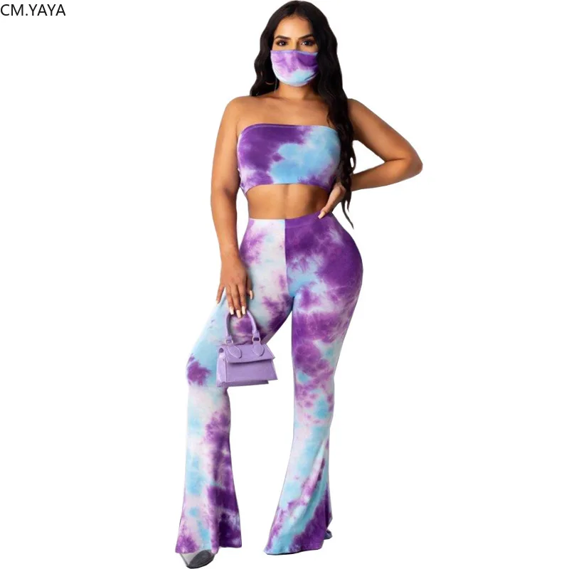 CM.YAYA Tie Dye Women Two Piece Set Strapless Crop Tops Wide Leg Flare Pants Suit Fashion Tracksuit Fitness Outfit Matching |