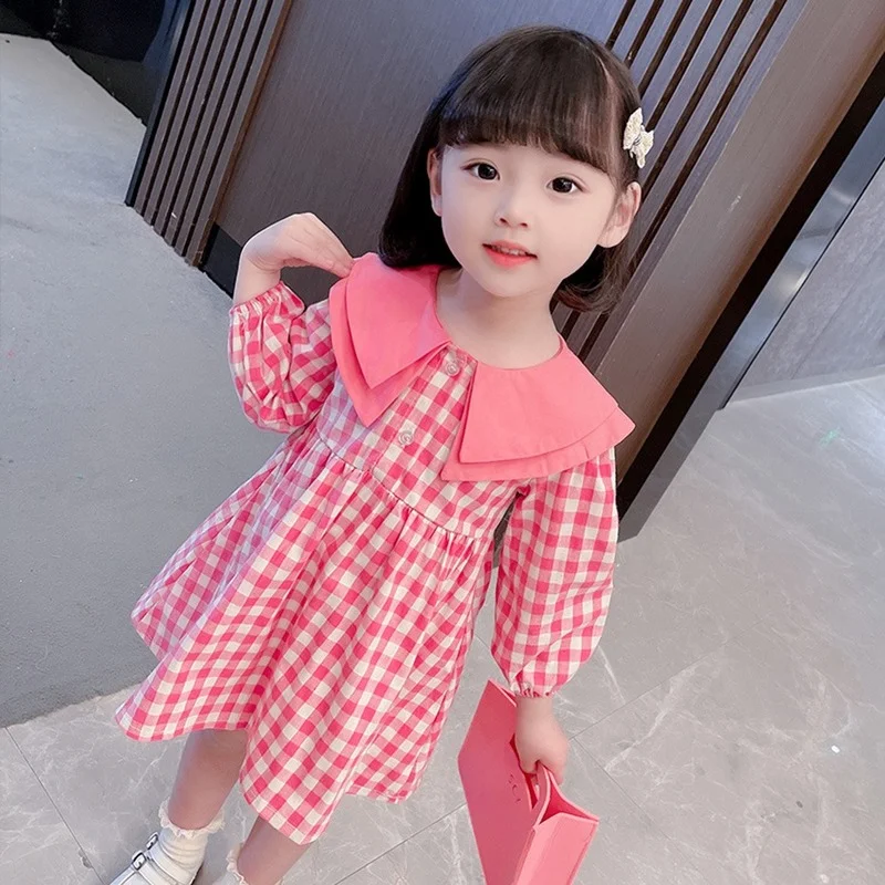 New Spring Autumn Korean Style Sweet and Lovely Lapel Plaid Pattern Long Sleeves Girls Princess Dress Children Dresses