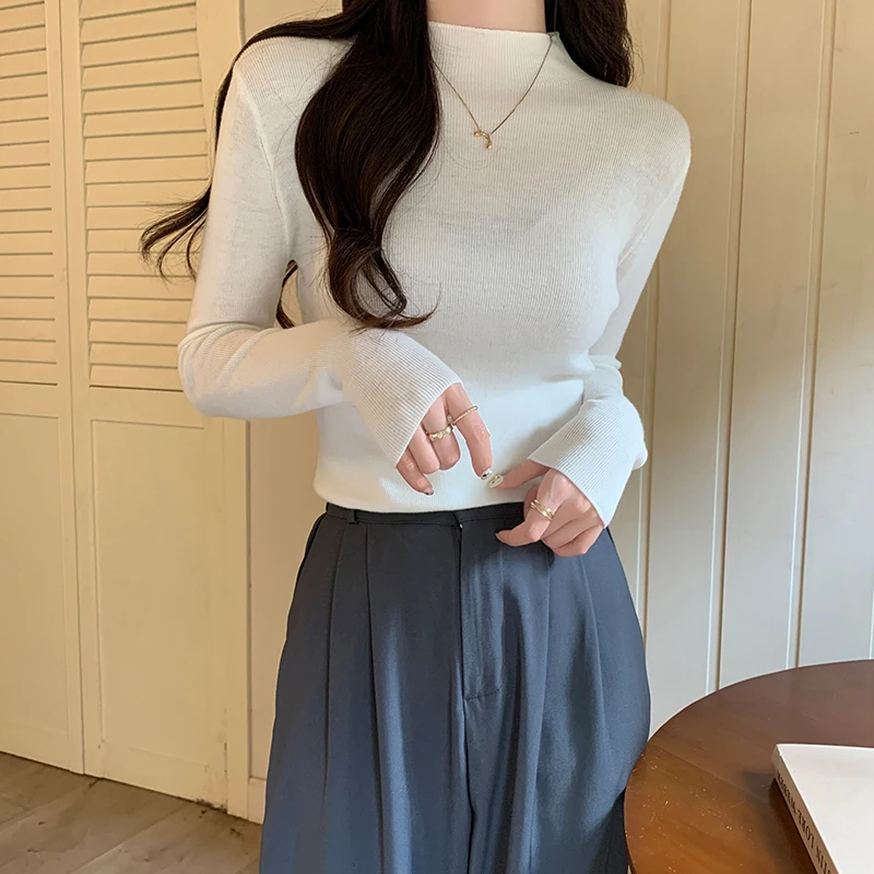 

New Autumn Winter Half High Neck Knitted Tops Women Solid Color Long Sleeve Slim T-shirt Ladies Casual All-match Jumper