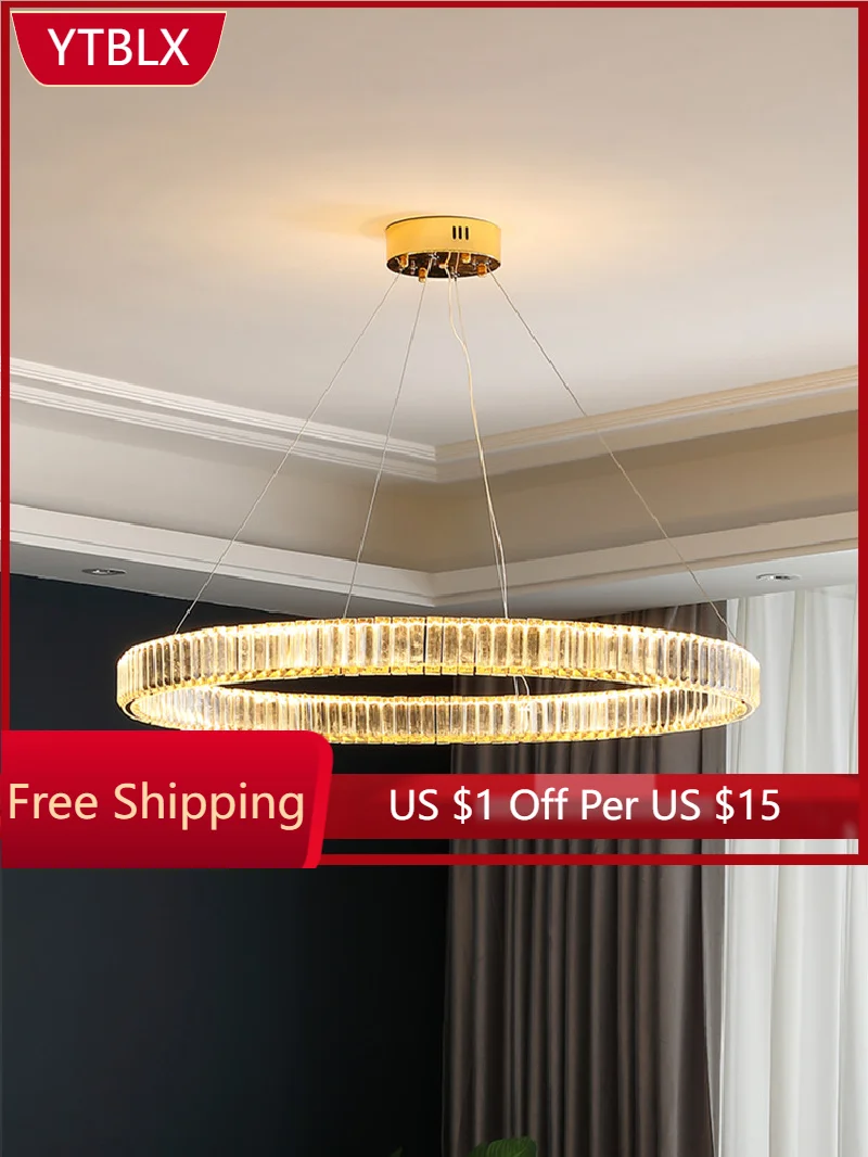 

Современная роскошная круглая Хрустальная светодиодный ная люстра из нержавеющей стали, Скандинавская дизайнерская люстра с одним кольцо...