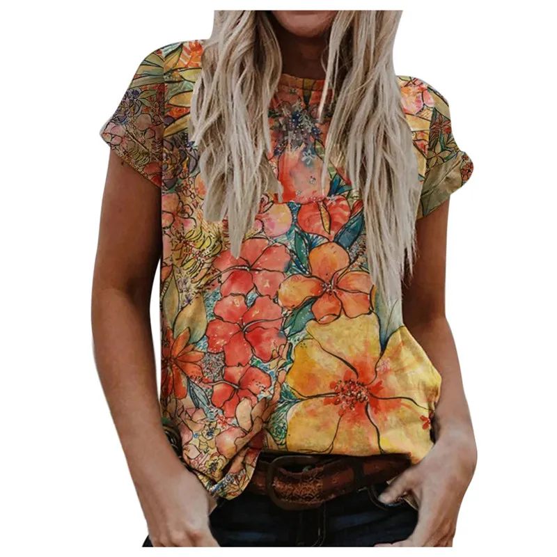 

2022 Floral Print T-shirt Casual O-Neck Painting Short Sleeve Tops Vintage Loose T-shirt Streetwear S-2XL Plus Size