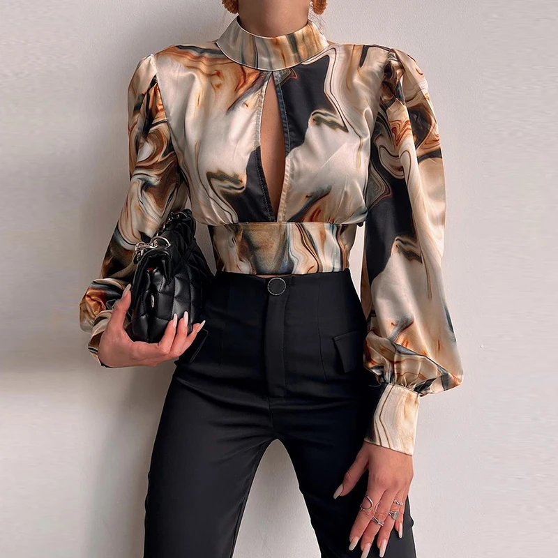 

Женская блузка с длинным рукавом-фонариком, воротником-стойкой