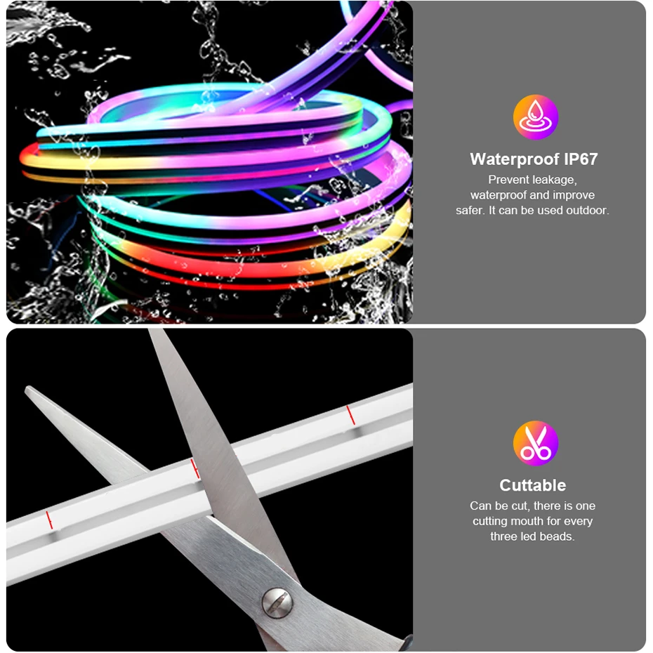 Фото Светодиодная неоновая лента 12В с RGB-подсветкой Dreamcolor, управление по Wi-Fi/Bluetooth/пульту, водонепроницаемая, для розеток EU/US/UK/AU №3
