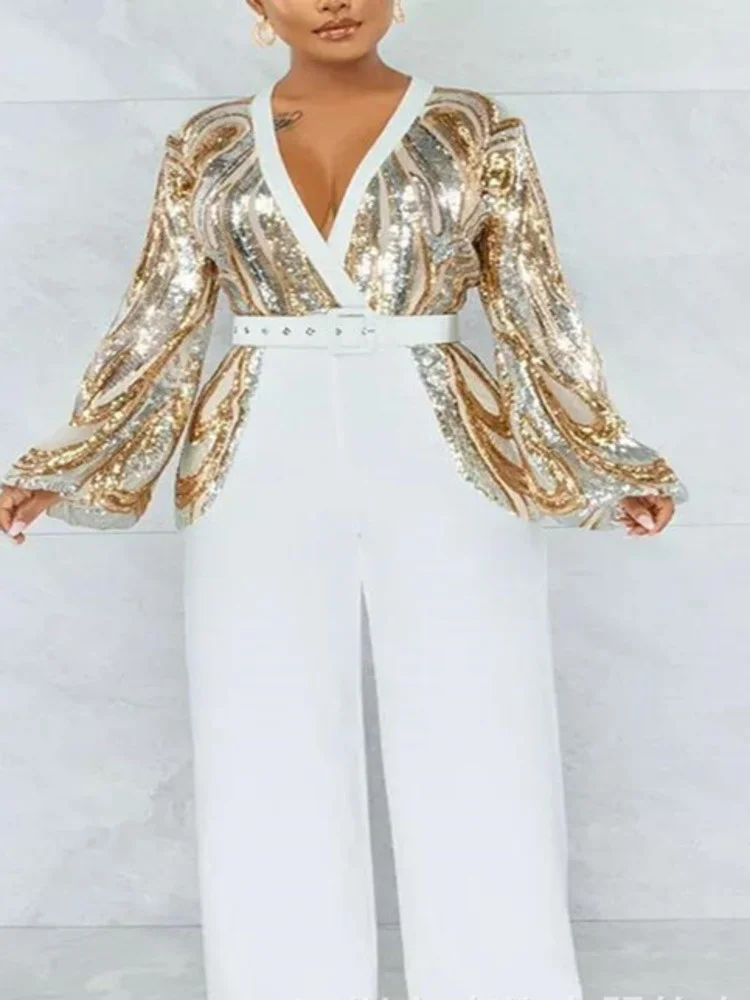 

2022 New Temperament V-neck Printed Chiffon Shirt Temperament Commuter Long Sleeve Fashion Belt White One Piece Pants Party