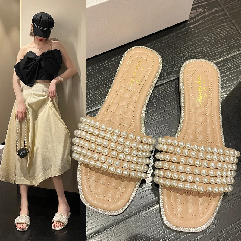 

Slippers Casual Summer Women's Shoes Slides String Bead Low Pantofle Luxury Massage 2022 Soft Flat Rubber PU Leisure Rome Concis