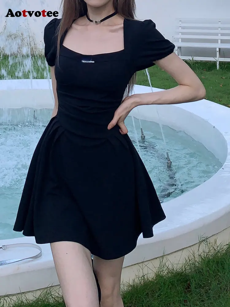 

CHUU Korea Aotvotee Satin Dress for Women 2023 New Fashion Fairycore Short Sleeves Square Collar Mini Dress Casual High Waisted