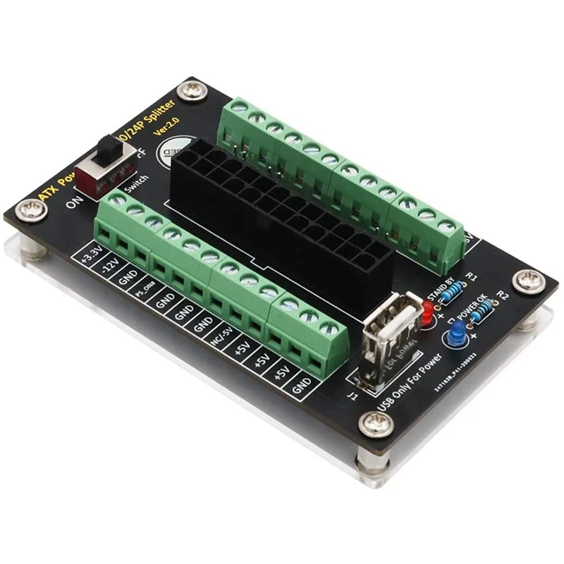

ATX 24/20 Pin Power Supply Breakout Board Module with USB 5V Port and Acrylic Base