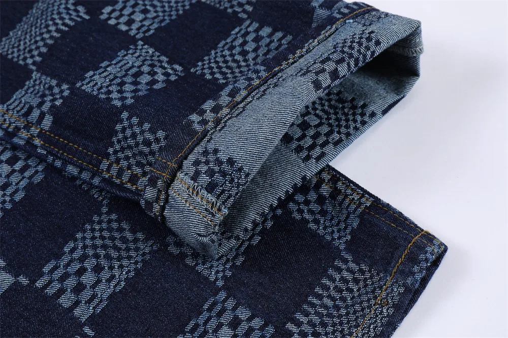 2022 New Spring Autumn Men's Blue Check Print Baggy Jeans Korean Style Streetwear Denim Straight Pants Male Boyfriend Trousers