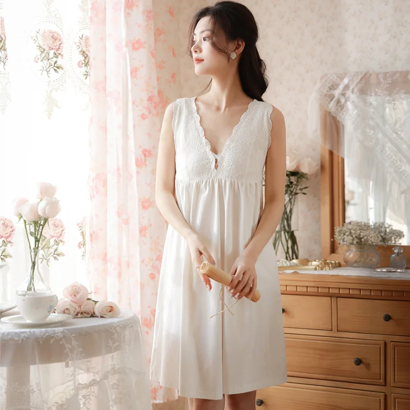Roseheart New Women Homewear White V Neck Sexy Sleepwear Night Dress Lace Nightwear Luxury Nightgown Female Gown Plus Size
