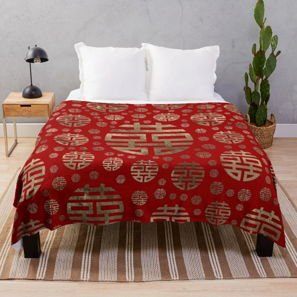 

Double Happiness Symbol pattern - Gold on red Throw Blanket Anti-pilling flannel furry blankets hairy luxury blanket