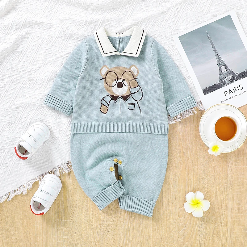 

Newborn Baby Romper Cotton Knit Toddler Boy Clothing Fashion Turndown Collar Playsuit Cute Bear Infant Girl Jumpsuit Long Sleeve
