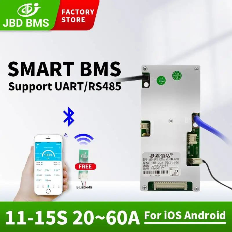 JBD Smart BMS 11S 12S 13S 14S Lifepo4 балансировочная плата 20A 30A 40A 50A 60 брикет 36 В 48 В BT UART RS485 коммуникация