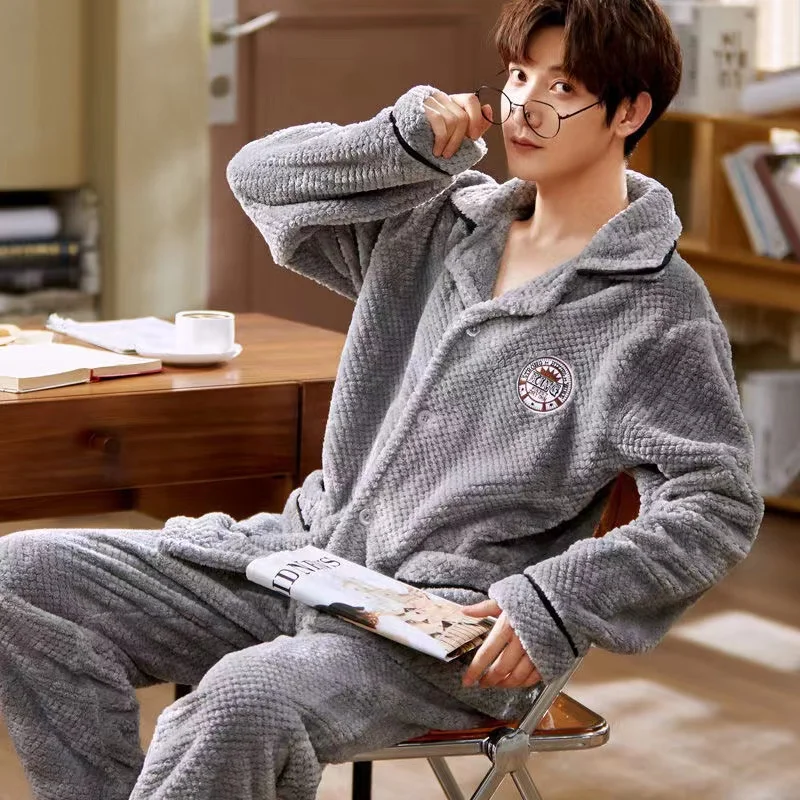 Flannel Pajama Sets For Men Turn-Down Collar Homewear Pyjamas Thicken Warm Coral Fleece 2Pcs/Set Tops + Pants Lounge Sleepwear