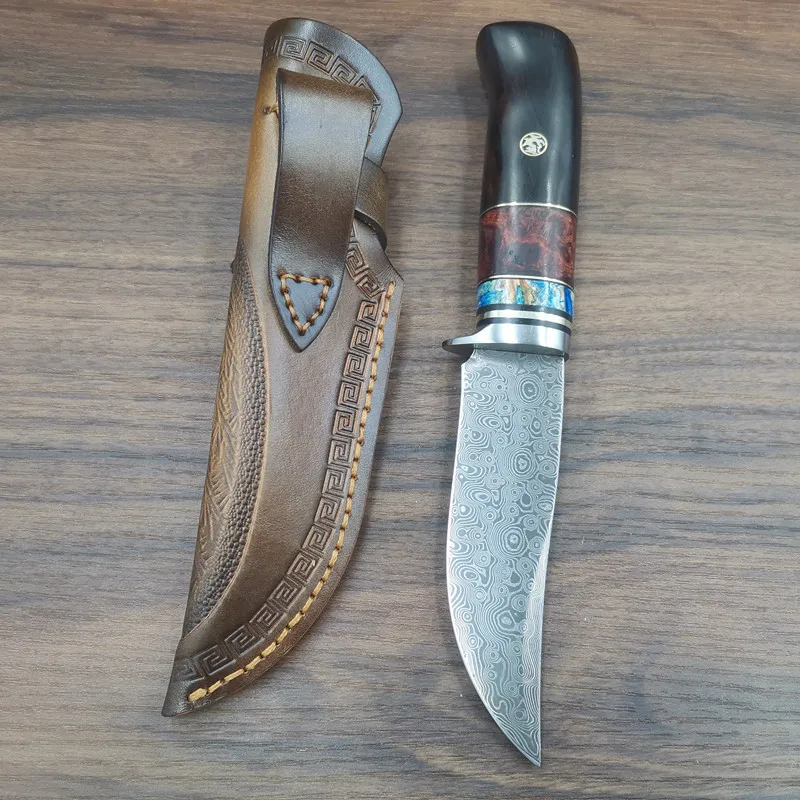 Рукоятка из черного дерева ручной работы дамасский нож с фиксированным лезвием