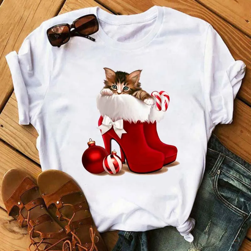 Cute Cat In Red High-heeled Printed Women T Shirts Casual Short Sleeve O-neck T-shirt Christmas Tshirts Summer Female Tops Tees