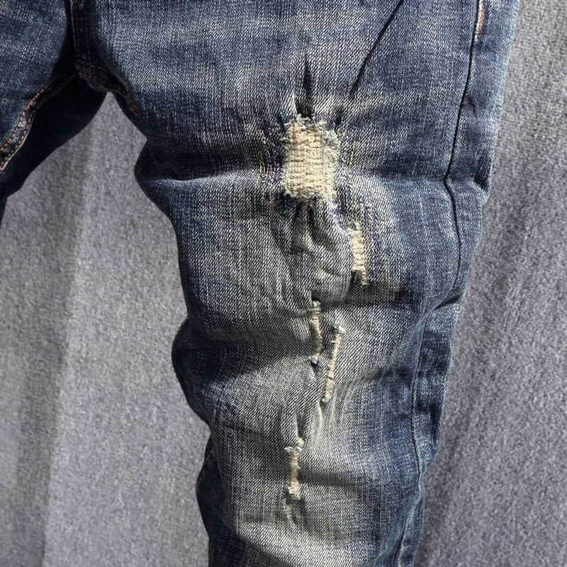 Italian Vintage Fashion Men Jeans Retro Black Blue Stretch Slim Ripped Jeans Men Embroidery Patched Designer Casual Denim Pants